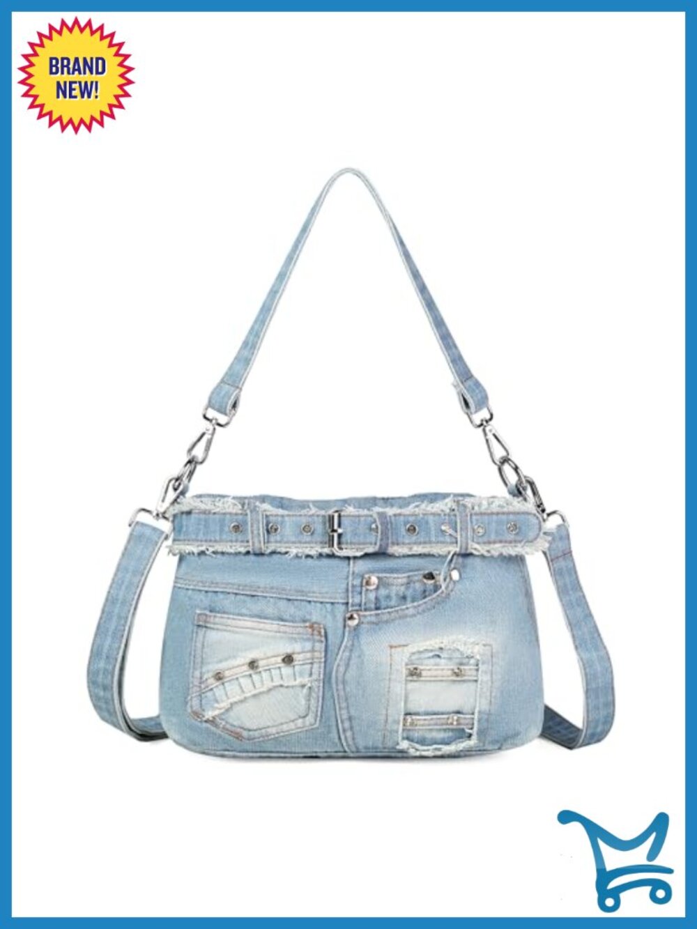 Denim Crossbody Bag Rhinestone Y2K Purse Detachable Strap Women